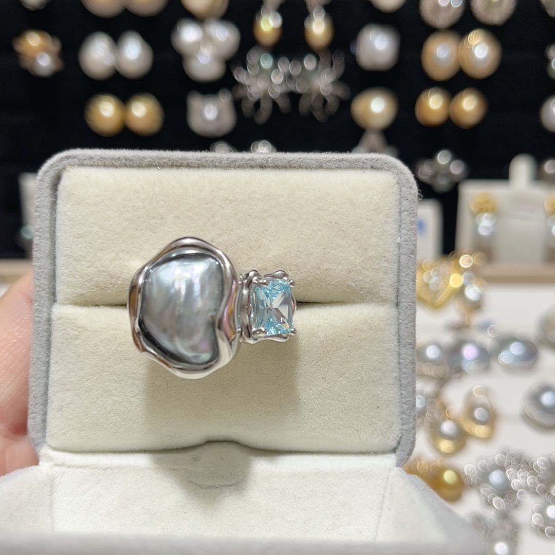 天然海水蓝血澳巴蓝宝包镶戒指S925银下开口调节