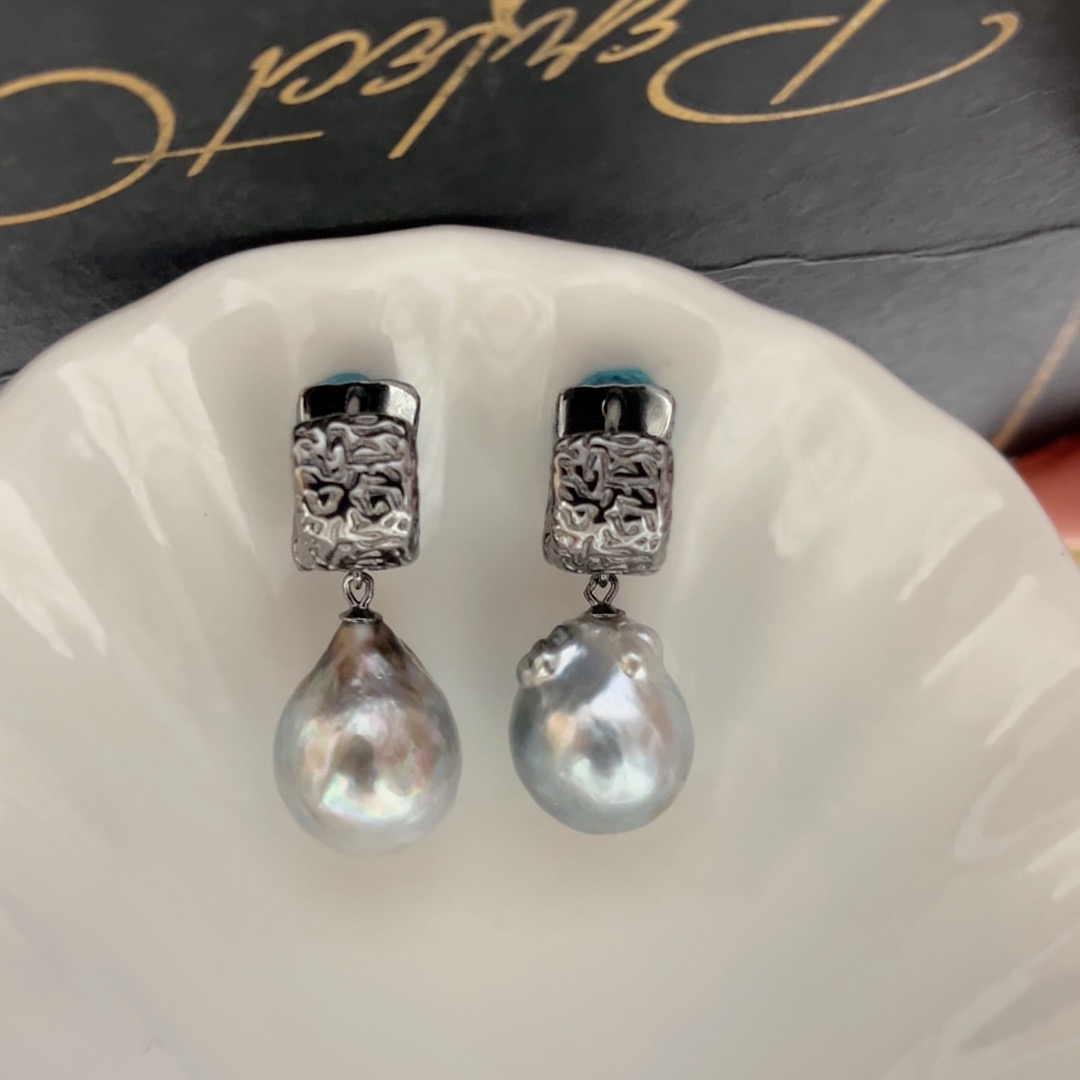 13.8-14mm铂金灰炫彩大溪地巴洛克耳扣S925银耳扣