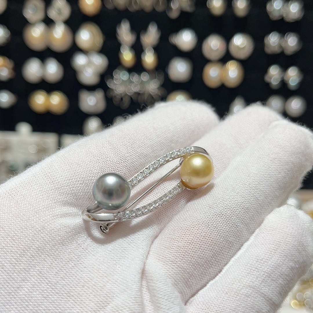 天然海水金珠+铂金灰大溪地双珠S925银胸针