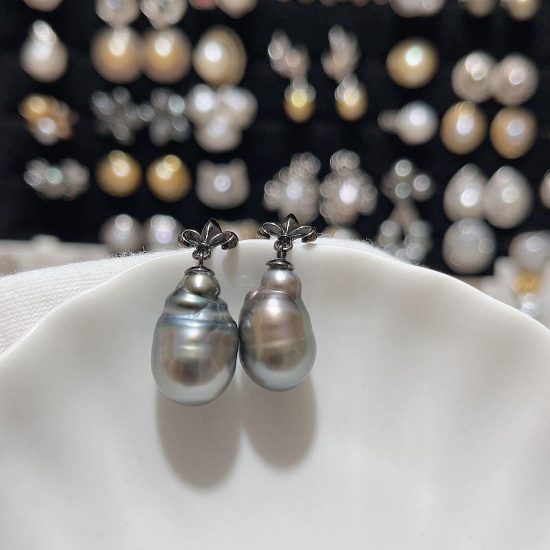 横卡10.5-11.2mm竖卡16-17mm大溪地巴洛克暗黑耳钉S925银