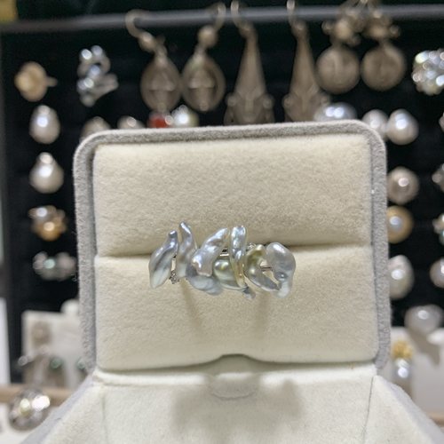 银蓝鎏金澳白无核keshi多珠戒指S925银下开口调节圈口