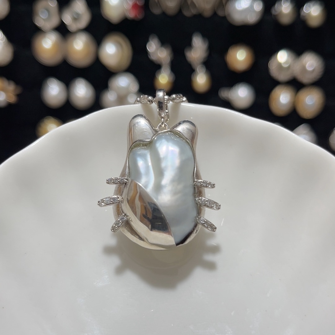 裸珠25mm天然海水银蓝澳白巴洛克S925银包镶猫咪吊坠（不含链）