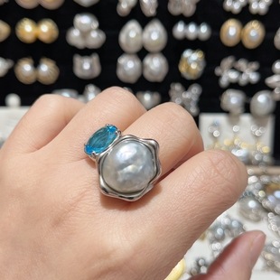 天然海水银蓝澳白巴洛克蓝宝包镶戒指S925银下开口调节