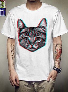 创意趣味恶搞3D头晕猫短袖T恤眩晕效果精神污染Cat男女圆领T恤