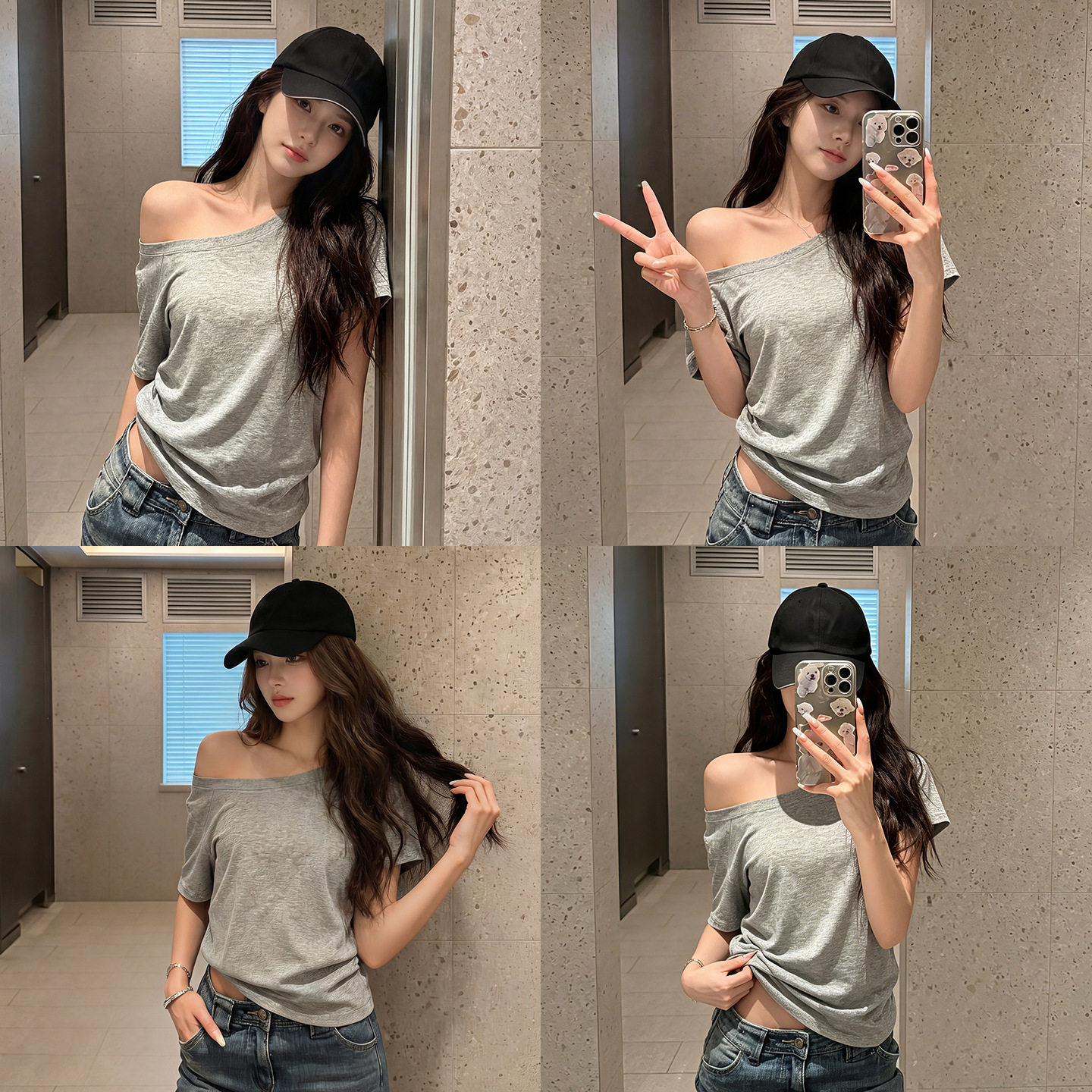 棉麻灰色斜领辣妹短袖T恤美式2026年新款夏季露肩修身显瘦设计