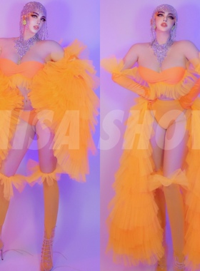 夜店酒吧DS舞蹈队gogo复古百老汇情人节荧光橙色表演套装演出服