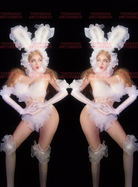 2018夜店酒吧电音节DJ歌手舞蹈队GOGO影楼可爱白色兔女郎演出服