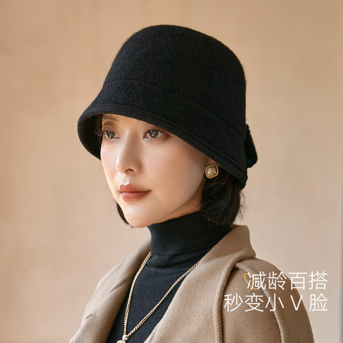 HONDAR保暖羊毛盆帽显脸小渔夫帽