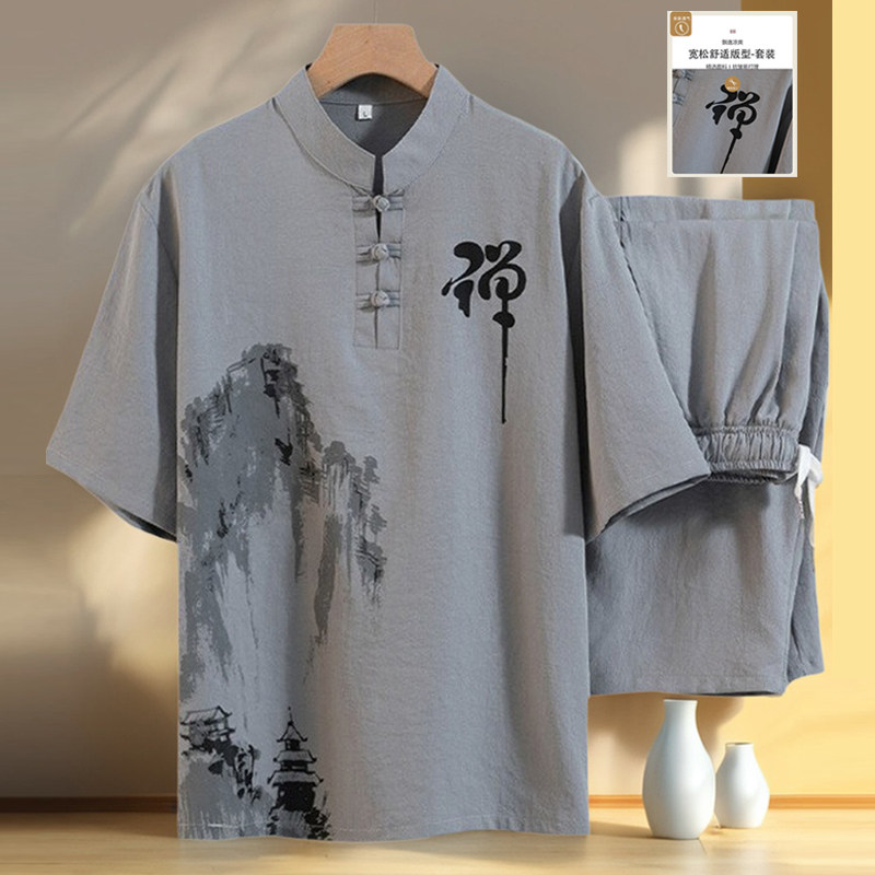 啄木鸟男款棉麻短袖T恤中国风汉服唐装休闲居士禅服打座两件套装