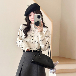 长袖 糖安妮 米半高领蕾丝衫 2025冬季 套头针织内搭女上衣 波浪纹