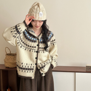 费尔岛提花复古连帽针织开衫 新品 女保暖毛衣宽松 2025冬季 糖安妮