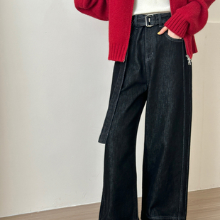 女高腰宽松阔腿九分直筒裤 糖安妮 高级黑金色牛仔裤 新品 2025冬季