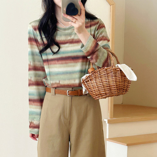 复古渐变条纹长袖T恤女防晒上衣