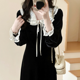 糖安妮 2025秋冬娃娃领拼接丝绒连衣裙显瘦设计感长裙子 黑天鹅
