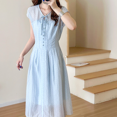 糖安妮【蓝铃花】2026夏季新款法式复古波点连衣裙女收腰显瘦长裙