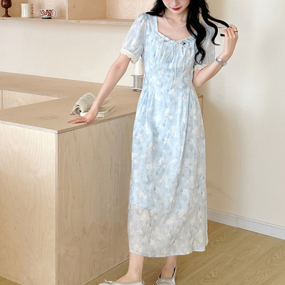 法式蓝色碎花连衣裙女