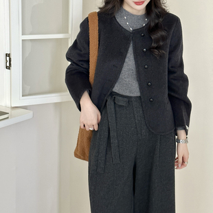 羊毛双面呢手工大衣女短款 糖安妮 新款 2025冬季 小个子外套 黑巧