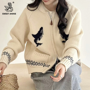 女慵懒休闲宽松上衣 费尔岛海豚双拉链针织开衫 糖安妮 2025冬新品