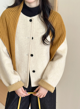 糖安妮【奶香芝士】2026春季新款杏色圆领双面呢大衣外套女披肩款