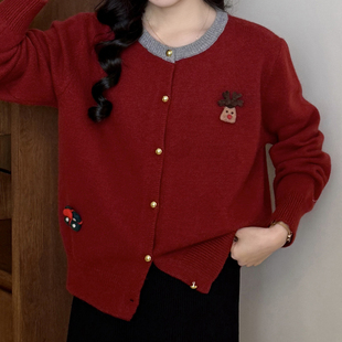 毛衣外套女圣诞麋鹿 拼色圆领骆驼绒羊毛针织开衫 糖安妮春季 新款