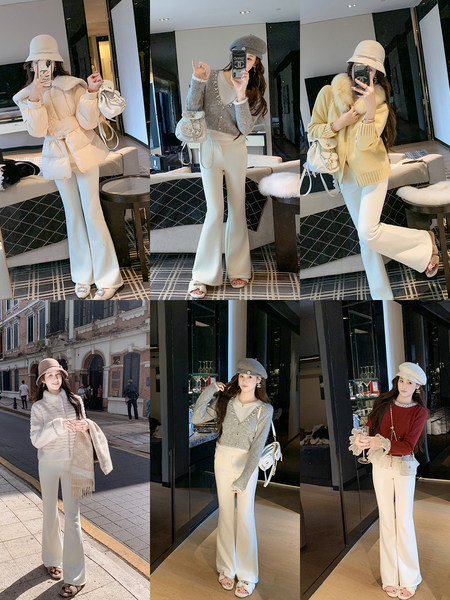 Collage of women modeling cozy winter outfits with coats, knit tops, flared pants, and hats