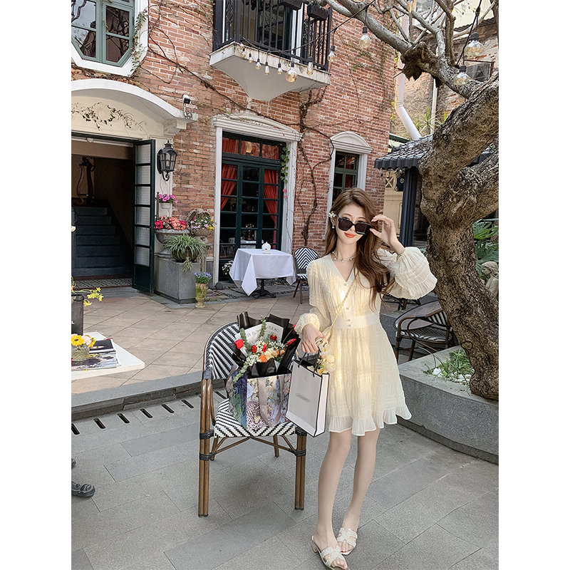 鱼兔子的兔子雪纺连衣裙亮片珍珠高级感显瘦秋季v领长袖气质名媛