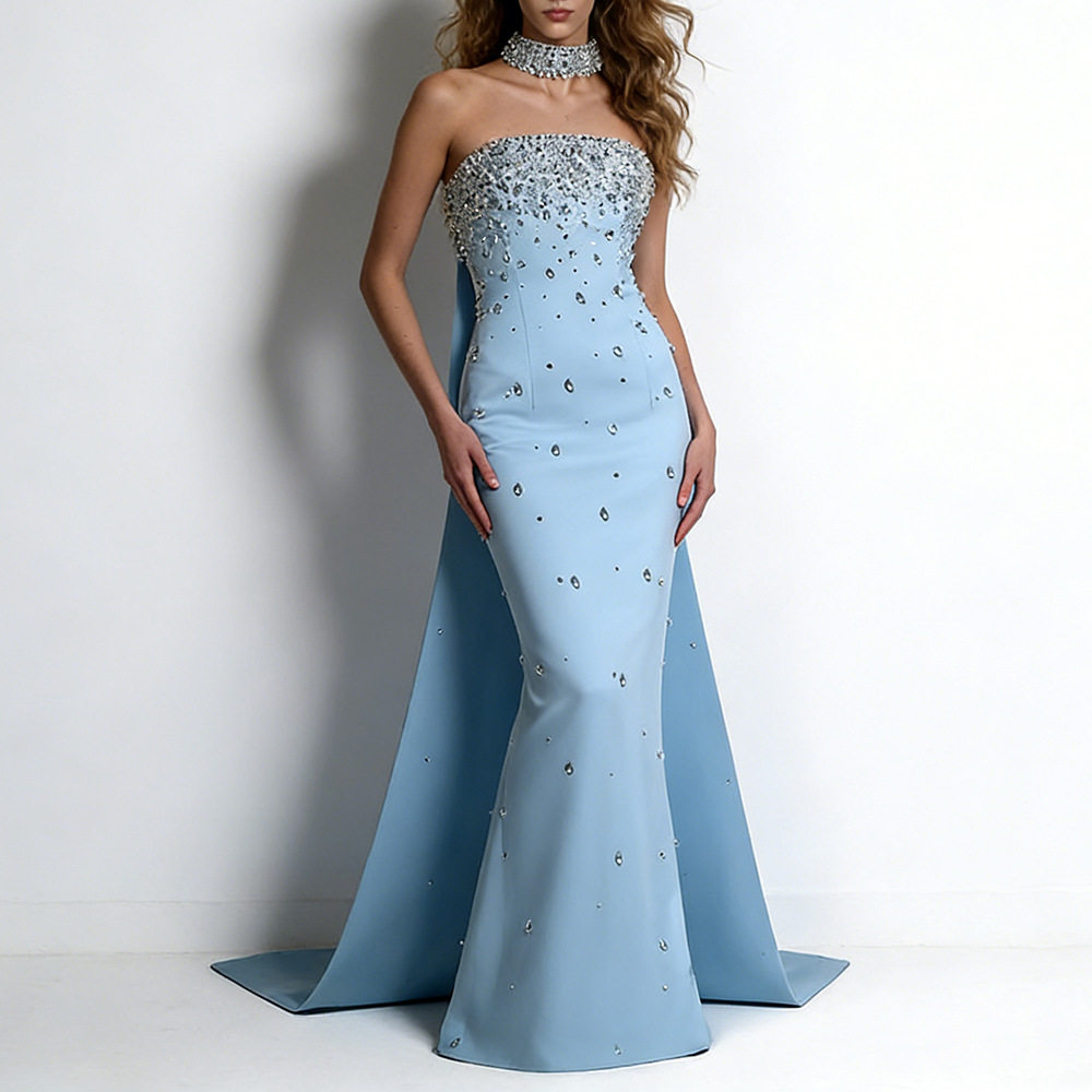 欧美抹胸晚礼服蓝色生日速卖通设计感优雅鱼尾裙宴会派对长款礼服