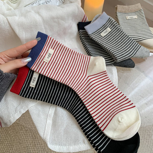 日系ins风条纹纯棉袜女egg布标中筒袜春秋季 彩色舒适无骨堆堆袜