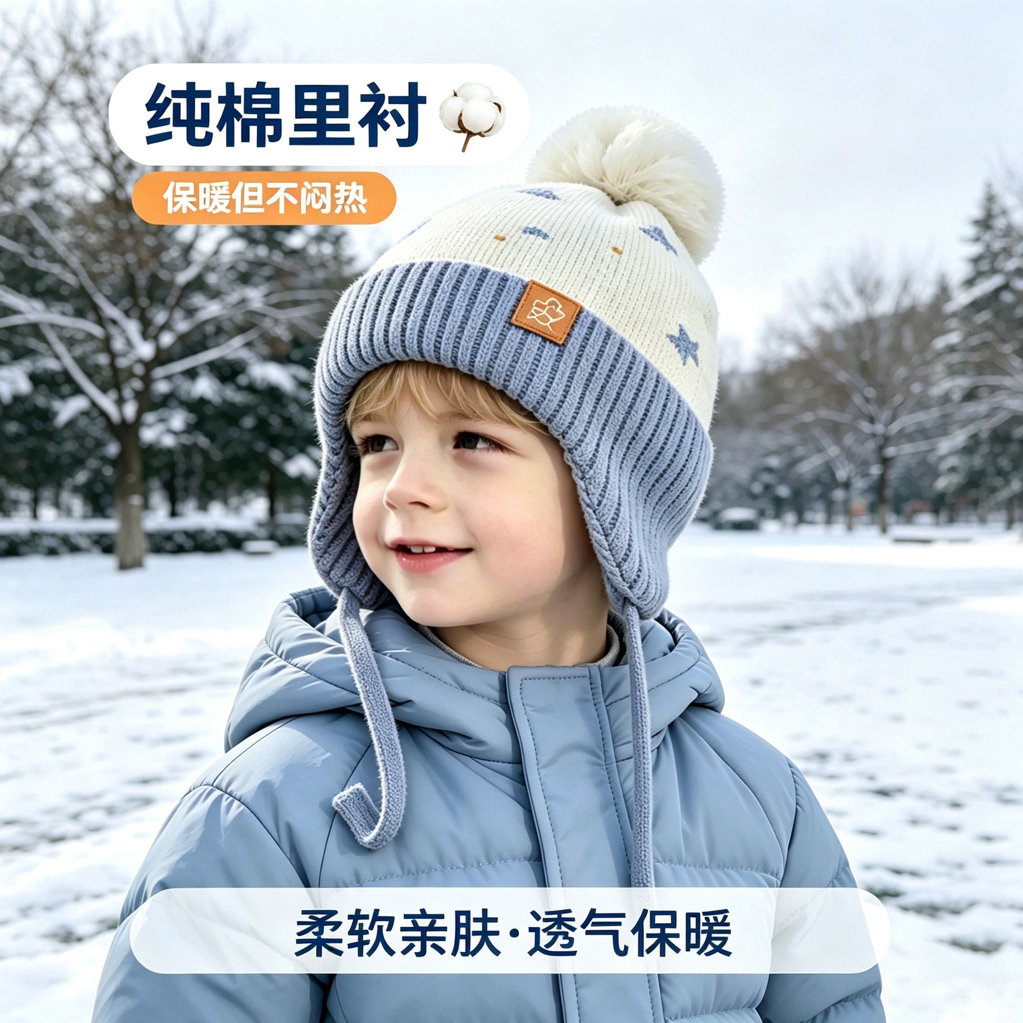 纯棉儿童针织毛线帽冬季保暖护耳帽男童女童加厚滑雪帽子毛球帽潮