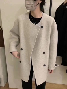 韩国东大门ssemienne气质简约圆领外套一手长羊毛羊绒大衣女