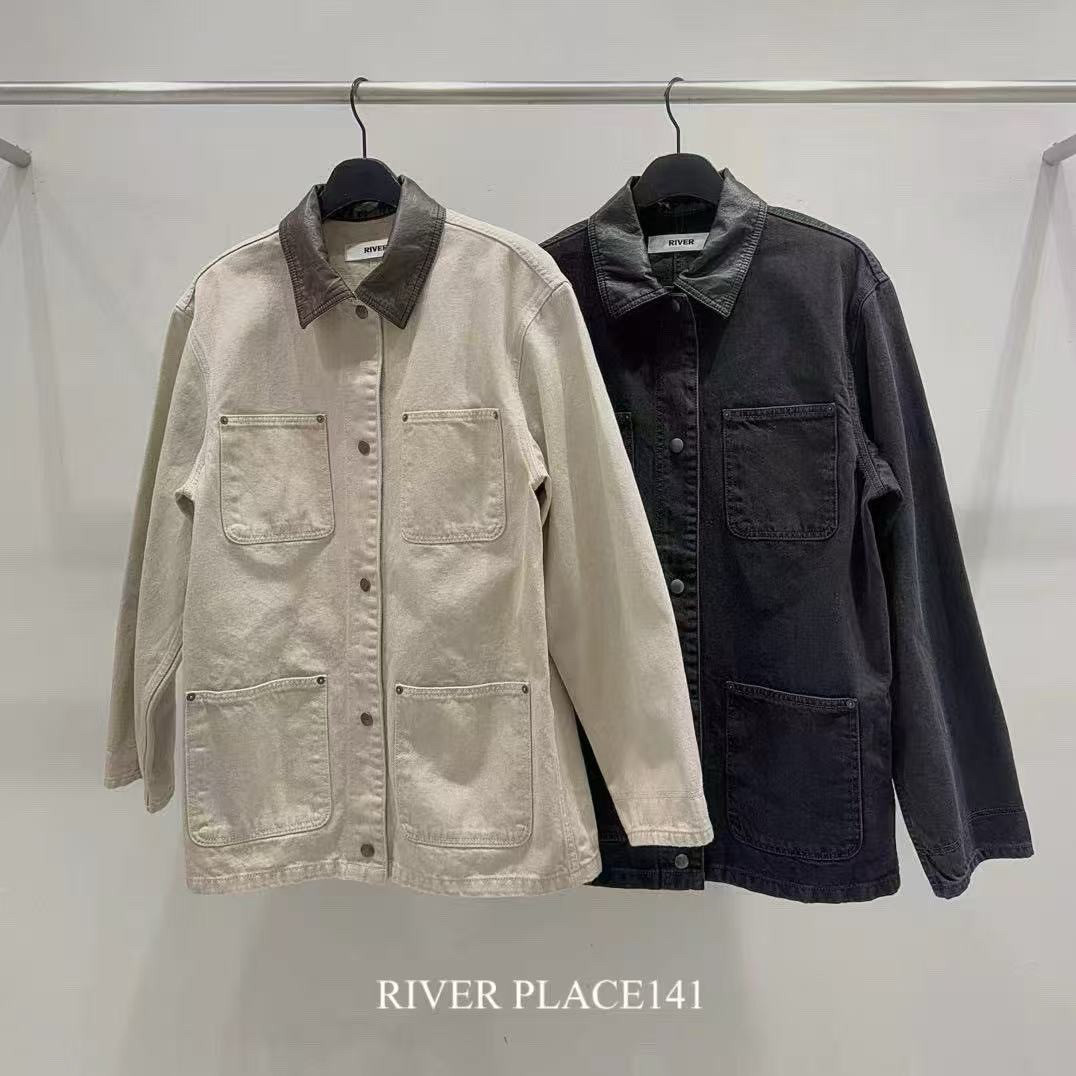 韩国东大门RIVER撞色皮领牛仔外套25春季新款复古休闲夹克上衣女