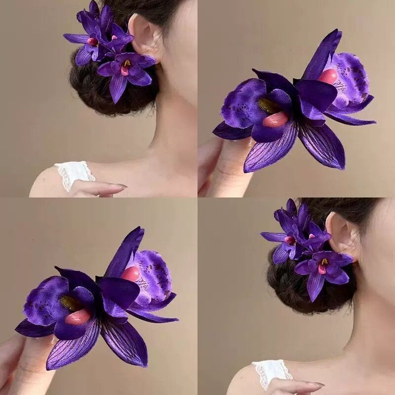 纯欲美人韵味蓝紫色系玫瑰花发夹仿真兰花氛围感头花舞台演出发饰