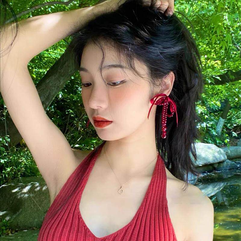 晚宴丝带红色长款夸张耳饰韩国