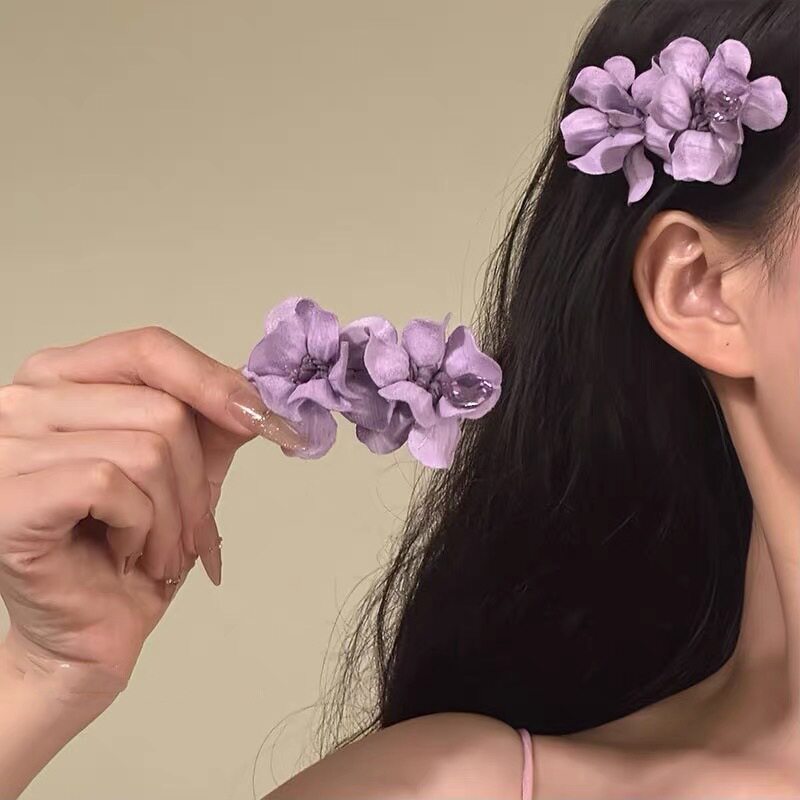 春夏博主拍照超仙法式温柔风紫色花朵发夹双生花choker锁骨链系带