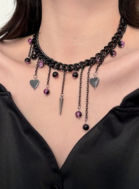 辣妹爱心铆钉圆珠流苏项链女高级感2025新款小众颈链choker锁骨链