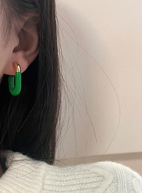 珐琅滴釉BV绿色耳环首饰品时髦彩色方形小众轻奢极简撞色拼接耳钉