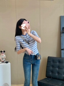 深圳南油经典字母LOGO蓝灰条纹羊毛衫明星同款五分袖薄款针织衫女