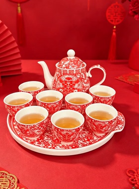 中国剪纸中式红色双喜字茶具套装结婚喜庆鸳鸯茶壶喜茶杯喜字托盘