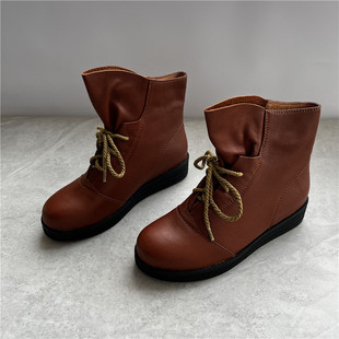 39 40码 冬季真皮妈妈鞋女头层牛皮短靴加棉厚底女马丁靴系带棉靴