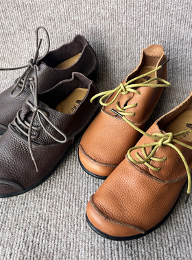 A20106真皮女鞋春夏款软面轻便头层牛皮妈妈鞋平跟系带深口女单鞋