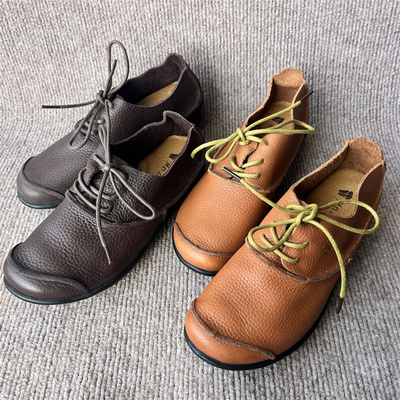头层牛皮妈妈鞋平跟系带单鞋