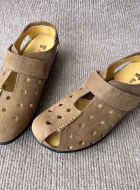 A30225夏季真皮镂空女洞洞鞋舒适软底魔术贴牛皮中老年深口女单鞋