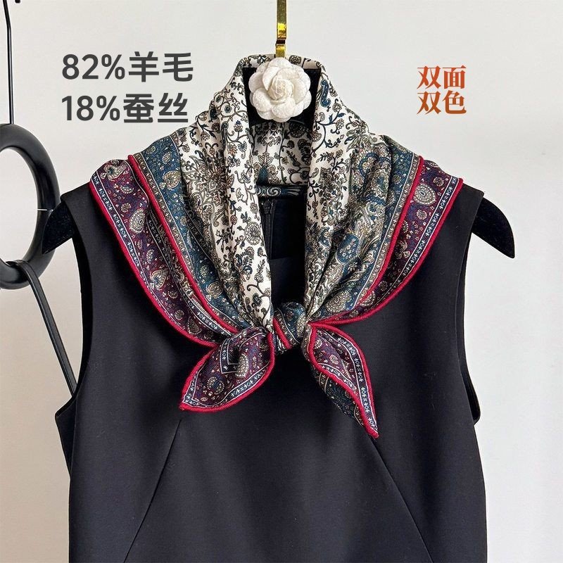 简约双色时尚腰果花印花丝巾时尚经典优雅真丝羊毛围巾62cm方巾女
