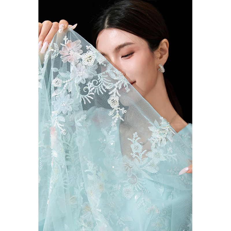 美妃女装连衣裙子2024新款春夏款法式气质高端刺绣长裙薄荷公主裙