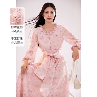 重工手工美妃連衣裙蝴蝶印花立體花朵收腰系帶減齡25春夏新款 女裝