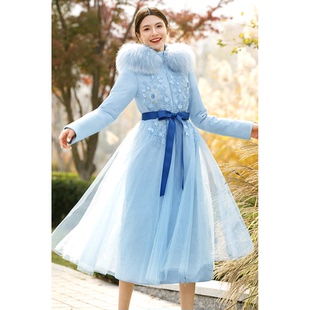 羽絨服女款 2024年冬季 洋氣毛領(lǐng)帶帽收腰修身 新款 長款 美妃藍(lán)色時尚