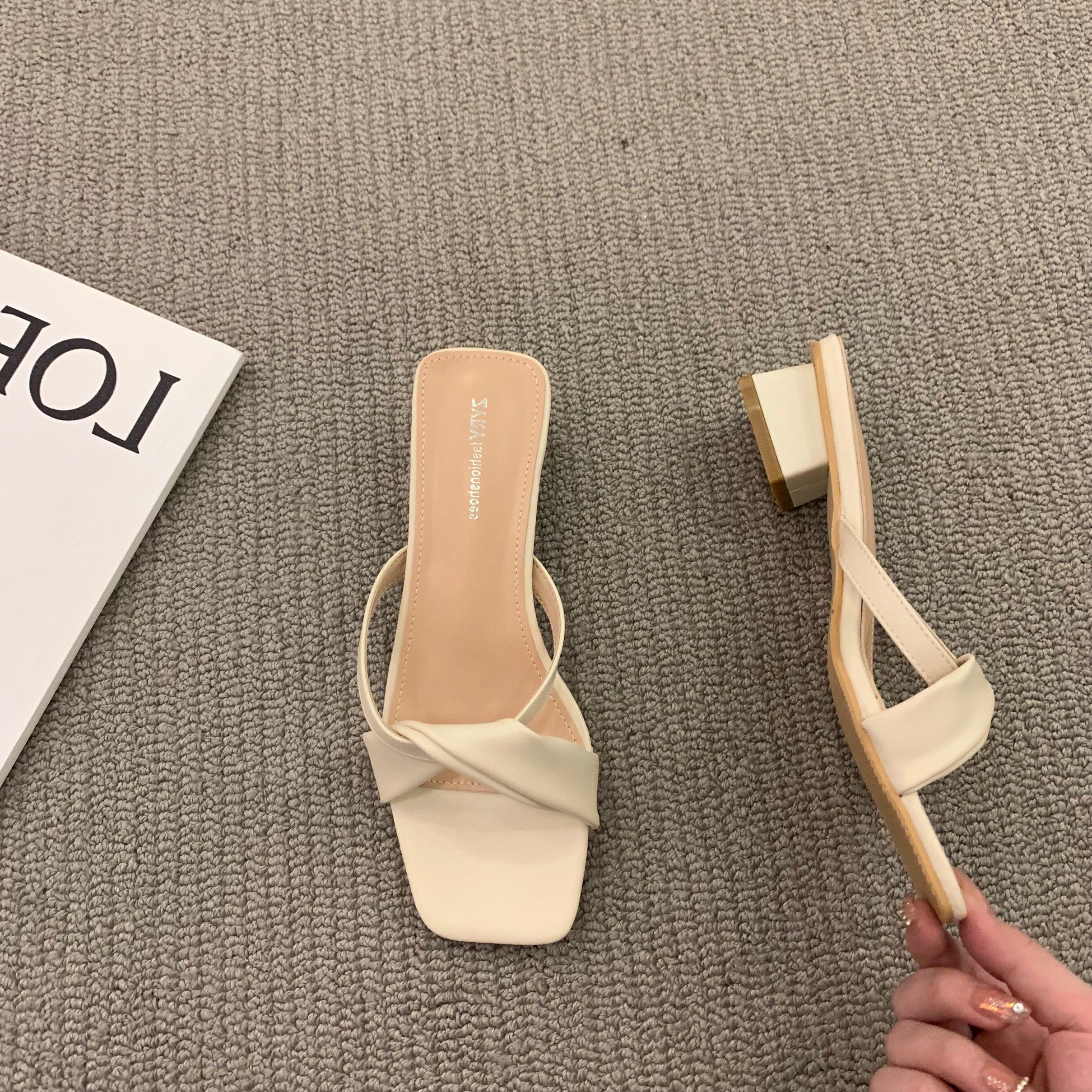 WEN MENG ONE NIGHT ITSK SANDALS SLIPPERS WOMEN WEAR OPEN-TOED FASHION BLOCK HEEL SIMPLE FAIRY STYLE MID-HEEL SANDALS OUTSIDE THE SUMMER