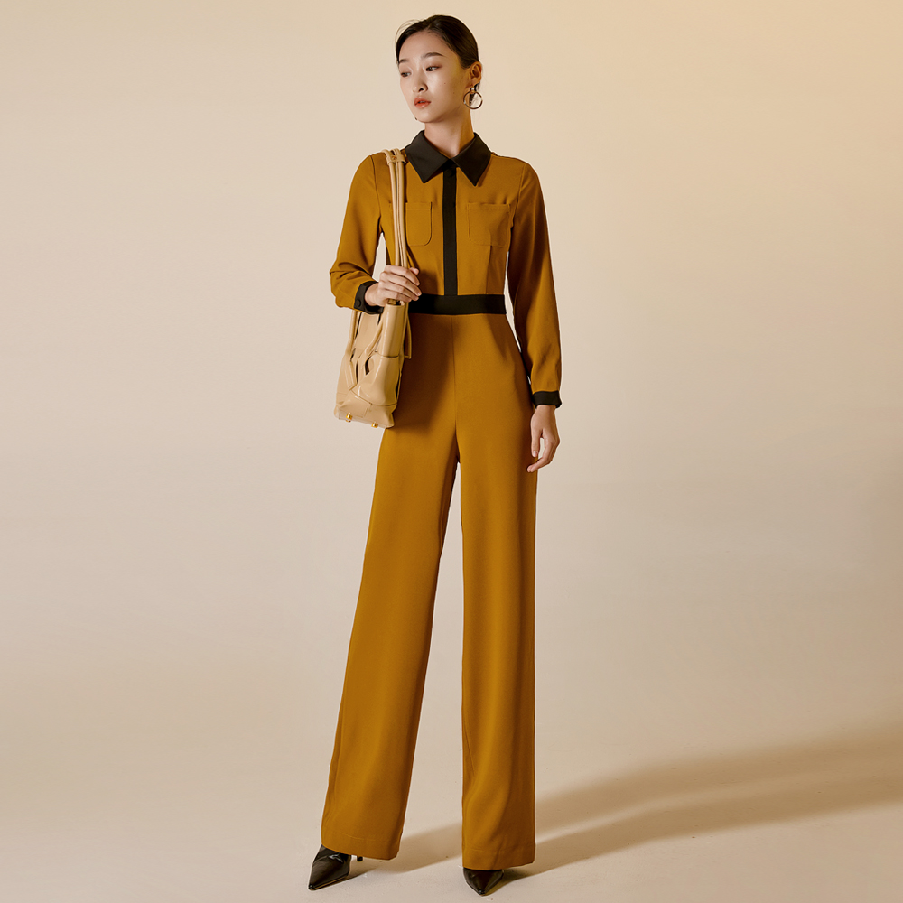 春秋新款原创设计黑黄撞色拼接连体裤女 显瘦长袖衬衣休闲阔腿裤