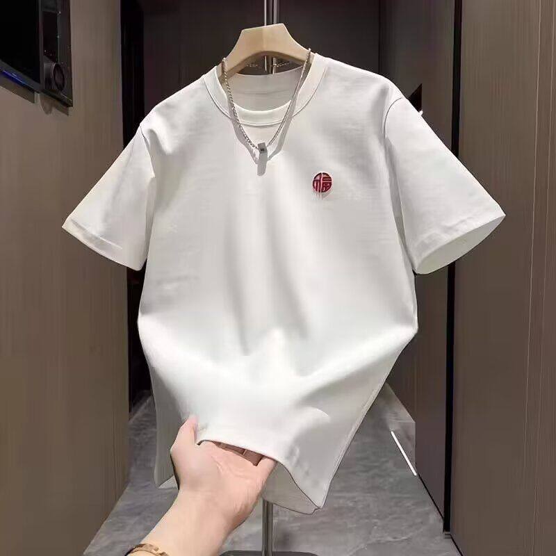 夏季男士纯棉刺绣宽松短袖T恤