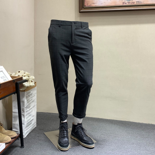 秋冬季新款休闲西裤男潮流帅气格子西装裤子韩版修身小直脚长裤男
